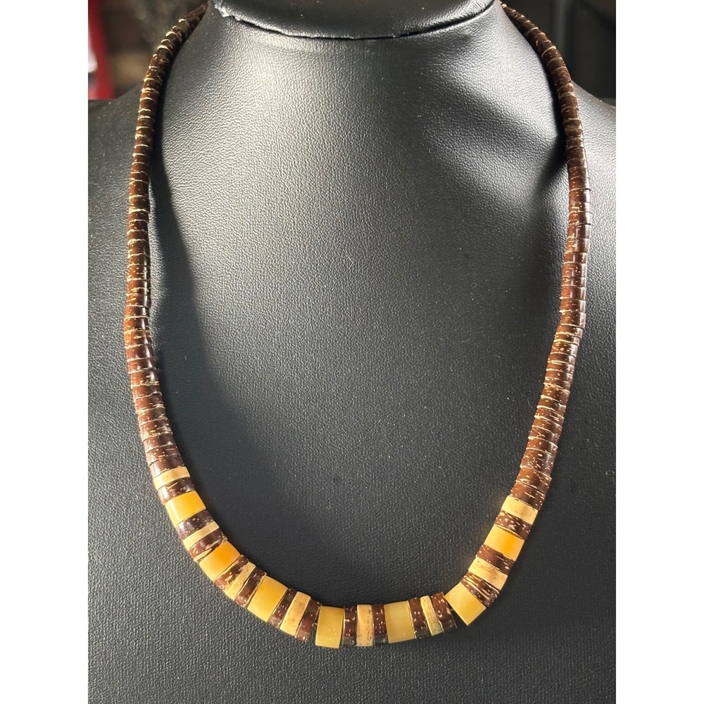 Vintage Coconut Shell Honey Resin Heishi Bead Necklace Brown 18.5 Inch Tropical